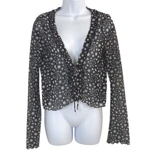 NWOT Free People Celestial Star Mesh Tie Front Top Navy White Long Sleeve L